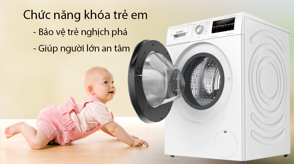 Máy giặt sấy Bosch 9 kg WNA14400SG - Trang bị chức năng khóa trẻ em giúp bảo vệ trẻ nghịch phá, mang lại sự an tâm cho người lớn 