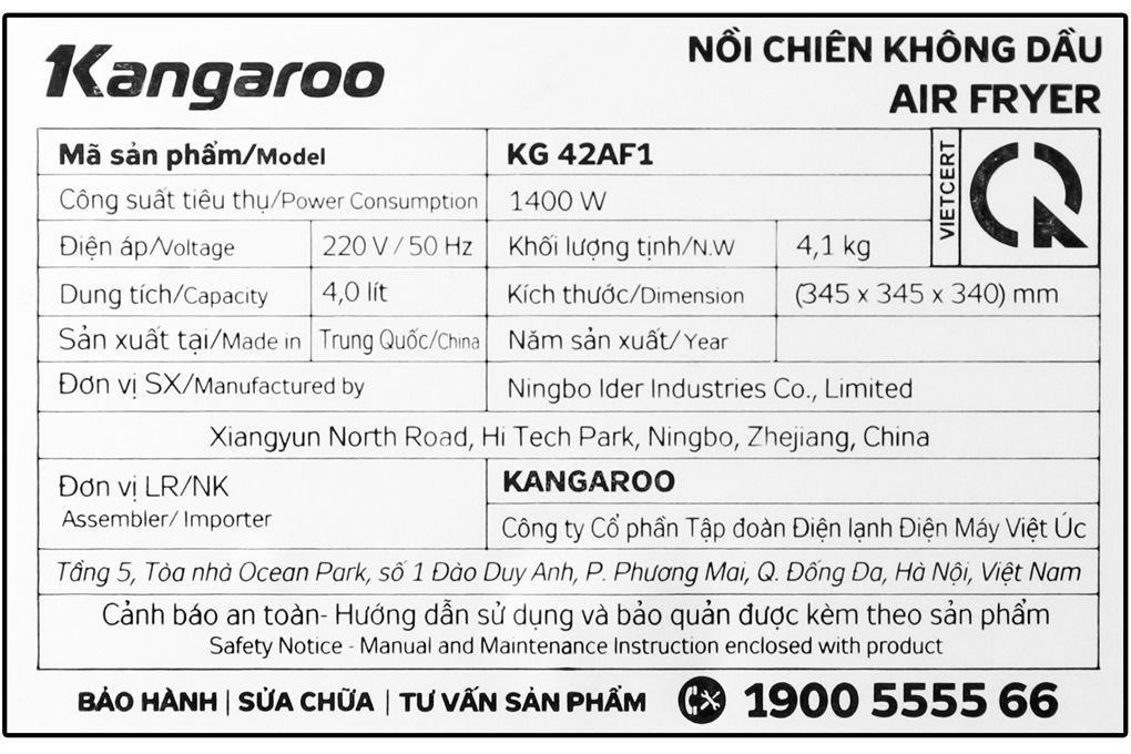 Nồi chiên không dầu Kangaroo KG42AF1 4 lít