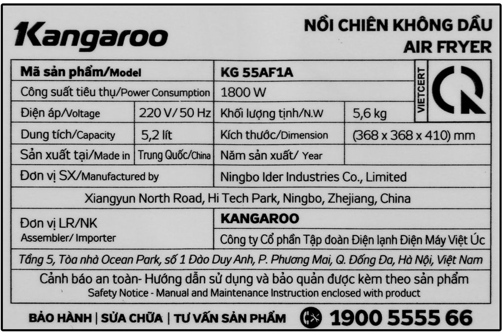Nồi chiên không dầu Kangaroo KG55AF1A 5.2 lít