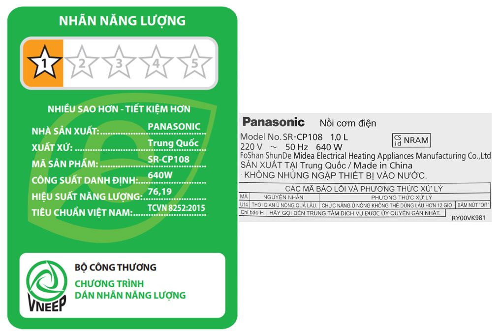 Nồi cơm điện tử Panasonic 1 lít SR-CP108NRAM