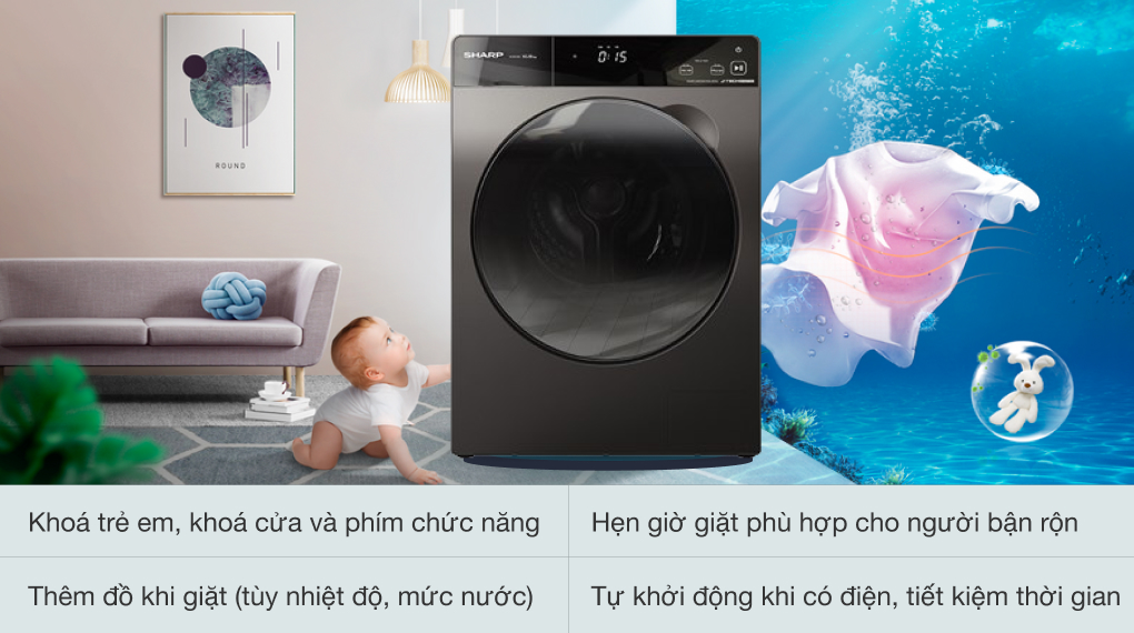 máy giặt Sharp Inverter 10.5 Kg ES-FK1054PV-S - Khóa trẻ em an toàn