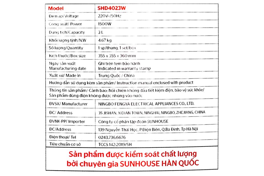 Nồi chiên không dầu Sunhouse SHD4023W 3 lít