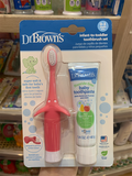  Set bàn chải và kem đánh răng cho bé Dr. Brown's Infant-to-Toddler Training Toothbrush & Fluoride-Free Baby Toothpaste Pear & Apple Flavor - 0-3 years - Pink Elephant 