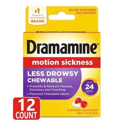 (SALE-T1/26) Viên nhai hỗ trợ say tàu xe Dramamine All Day Less Drowsy Motion Sickness Relief Chewable Tablets - Raspberry Cream 12 viên
