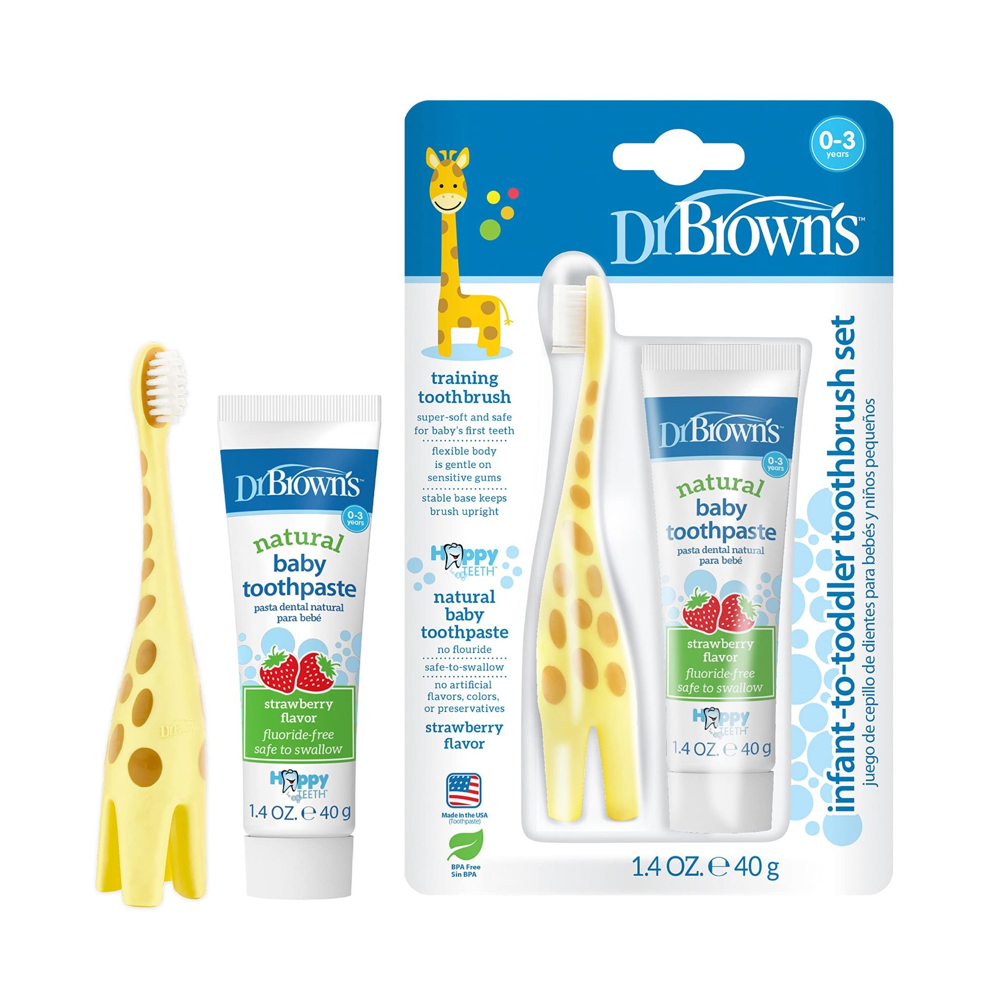  Set bàn chải và kem đánh răng cho bé Dr. Brown's Infant-to-Toddler Training Toothbrush Baby Toothpaste Strawberry Giraffe 0-3 tuổi 1.4Oz 40g 