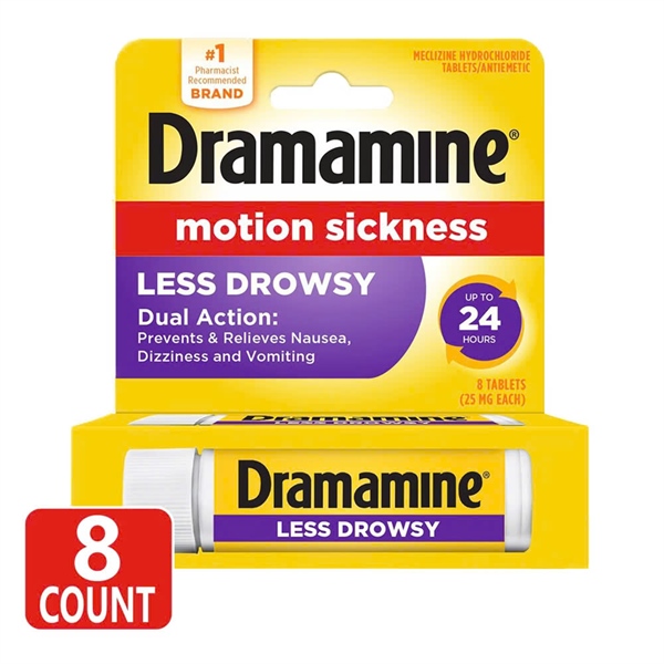  (SALE-T3/26) Viên uống hỗ trợ say tàu xe Dramamine All Day Less Drowsy Motion Sickness Relief Tablets for Nausea, Dizziness & Vomiting 8 viên 