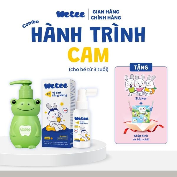  Combo Hành Trình Cam gồm: 1 Xịt Vệ Sinh Răng Miệng Wetee 3 Tuổi 50ml và 1 Gel Đánh Răng 100ml Cho Bé Tặng 1 Bàn Chải Lông Mềm Hình Đáng Yêu Cho Bé 