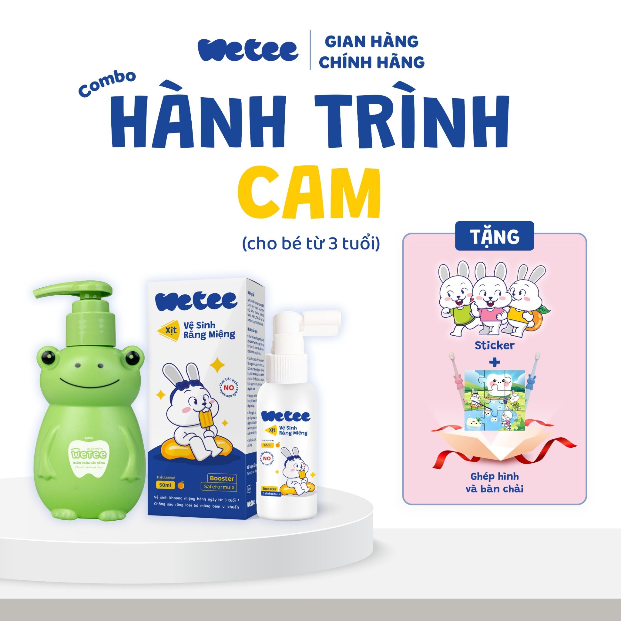  Combo Hành Trình Cam gồm: 1 Xịt Vệ Sinh Răng Miệng Wetee 3 Tuổi 50ml và 1 Gel Đánh Răng 100ml Cho Bé Tặng 1 Bàn Chải Lông Mềm Hình Đáng Yêu Cho Bé 