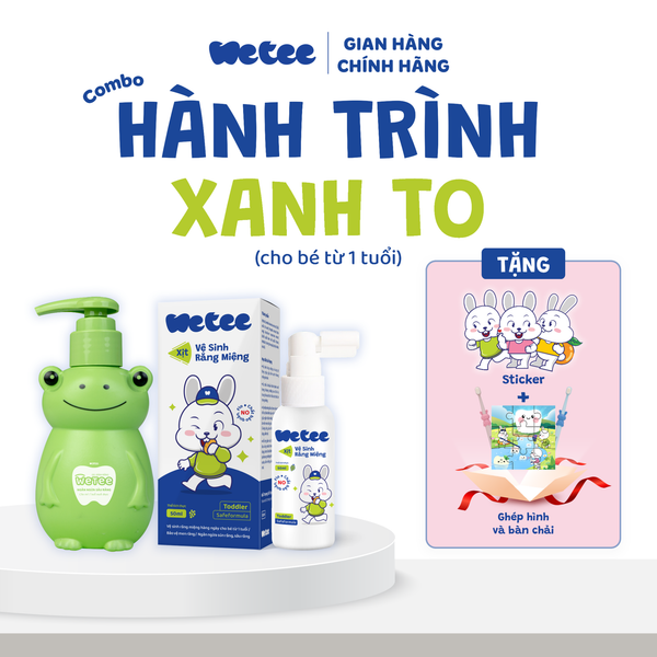  Combo Hành Trình Xanh To gồm: 1 Xịt Vệ Sinh Răng Miệng Wetee 50ml và 1 Gel Đánh Răng 100ml Cho Bé Từ 1 Tuổi Tặng Bàn Chải Lông Mềm Hình Đáng Yêu Cho Bé 