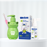  Combo Hành Trình Xanh To gồm: 1 Xịt Vệ Sinh Răng Miệng Wetee 50ml và 1 Gel Đánh Răng 100ml Cho Bé Từ 1 Tuổi Tặng Bàn Chải Lông Mềm Hình Đáng Yêu Cho Bé 