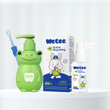  Combo Hành Trình Xanh To gồm: 1 Xịt Vệ Sinh Răng Miệng Wetee 50ml và 1 Gel Đánh Răng 100ml Cho Bé Từ 1 Tuổi Tặng Bàn Chải Lông Mềm Hình Đáng Yêu Cho Bé 