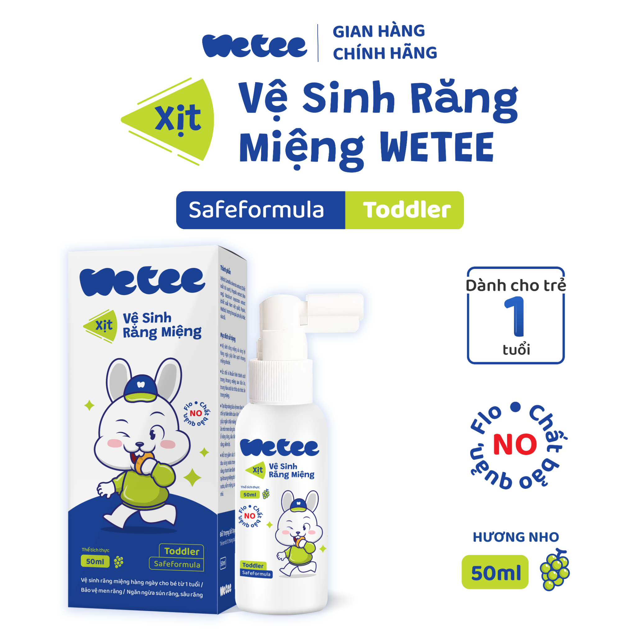  Xịt Wetee Vệ Sinh Răng Miệng Cho Bé Từ 1 Tuổi Trở Lên 50ml (Safeformula Toddler), Hương Nho, Vị Ngọt, Hỗ trợ Bảo Vệ Men Răng, Hỗ Trợ Ngăn Ngừa Sâu Răng Sún Răng Của Trẻ 