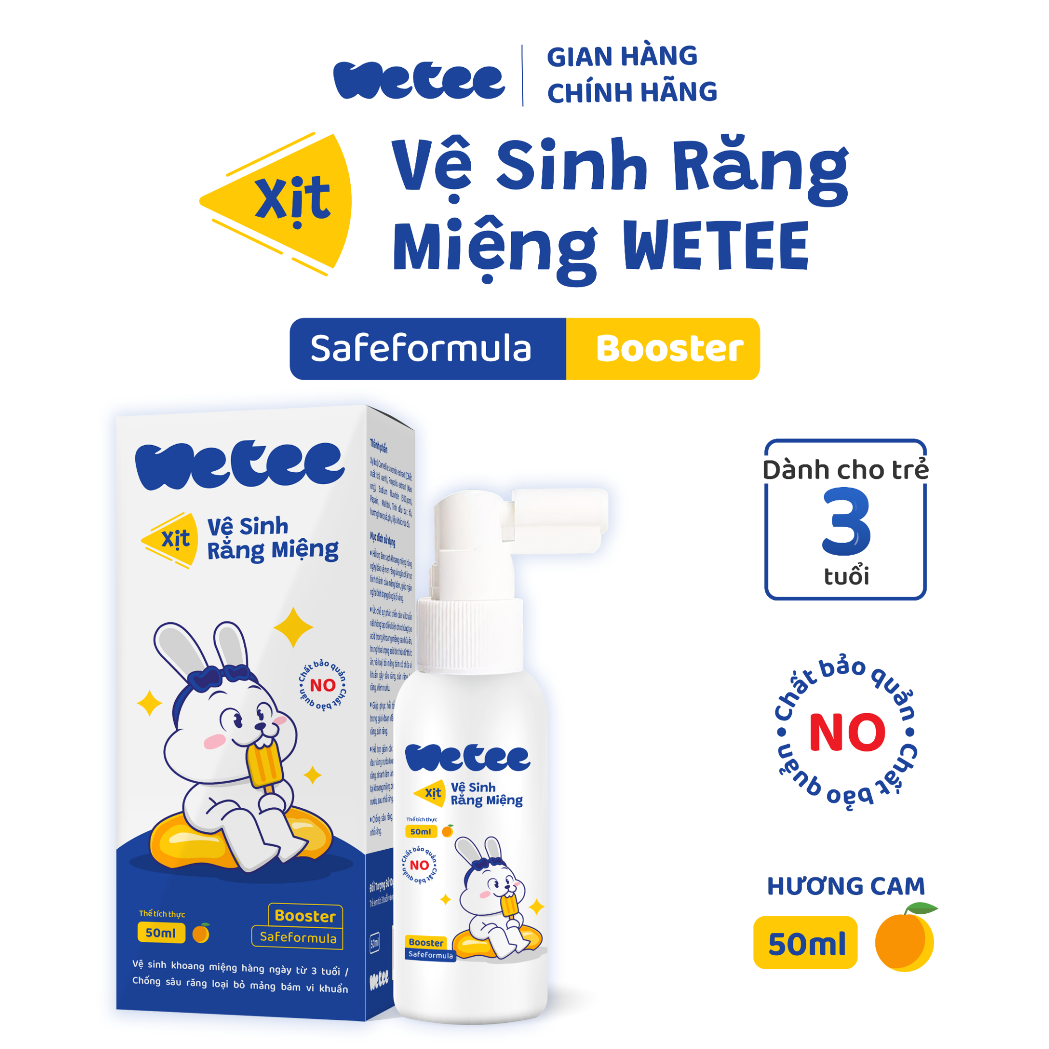  Xịt Wetee Vệ Sinh Răng Miệng Cho Bé Từ 3 Tuổi Trở Lên 50ml (Safeformula Booster),Hương Cam, Vị Ngọt,  Hỗ Trợ Làm Sạch Khoang Miệng, Hỗ Trợ Chống Sâu Răng, Hỗ Trợ Loại Bỏ Mảng Bám Trên Răng Của Trẻ 