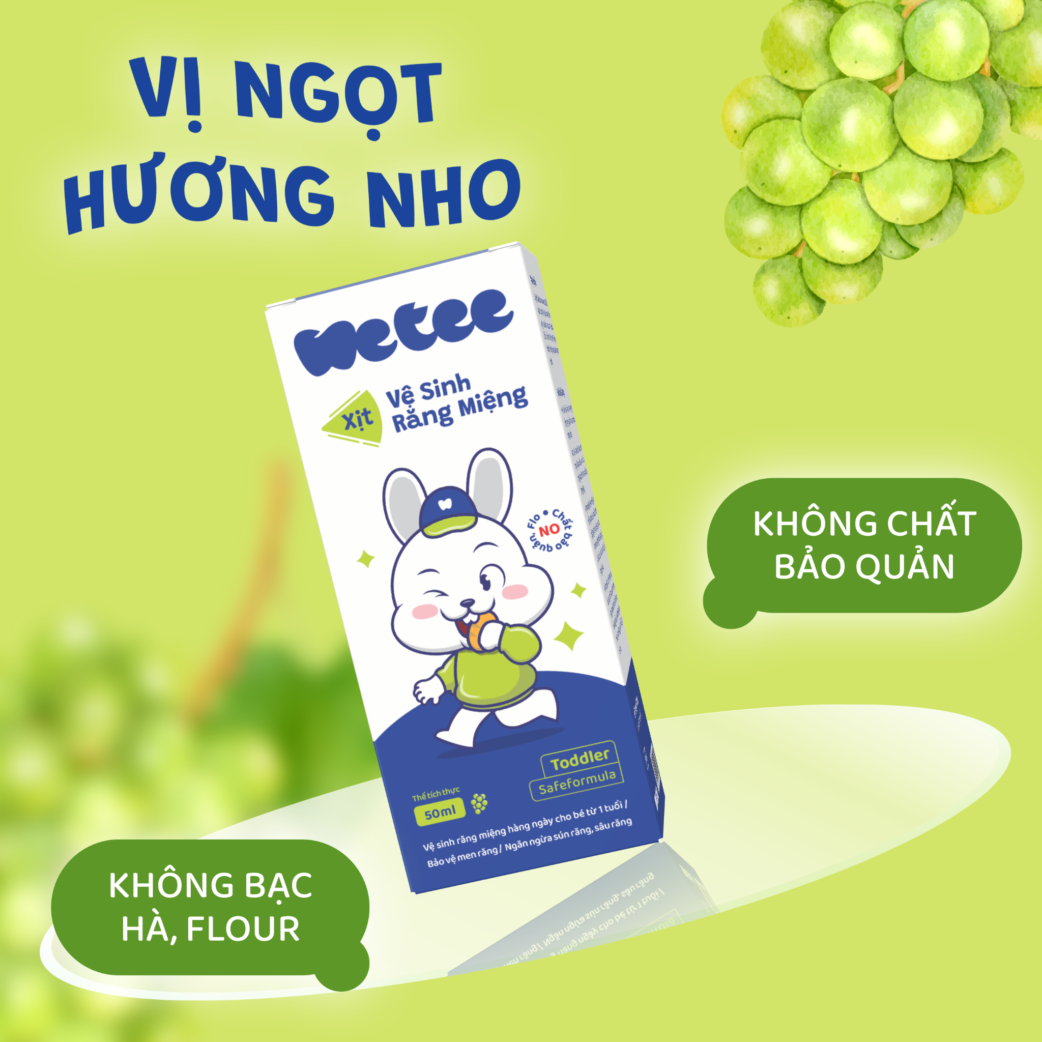  Xịt Wetee Vệ Sinh Răng Miệng Cho Bé Từ 1 Tuổi Trở Lên 50ml (Safeformula Toddler), Hương Nho, Vị Ngọt, Hỗ trợ Bảo Vệ Men Răng, Hỗ Trợ Ngăn Ngừa Sâu Răng Sún Răng Của Trẻ 