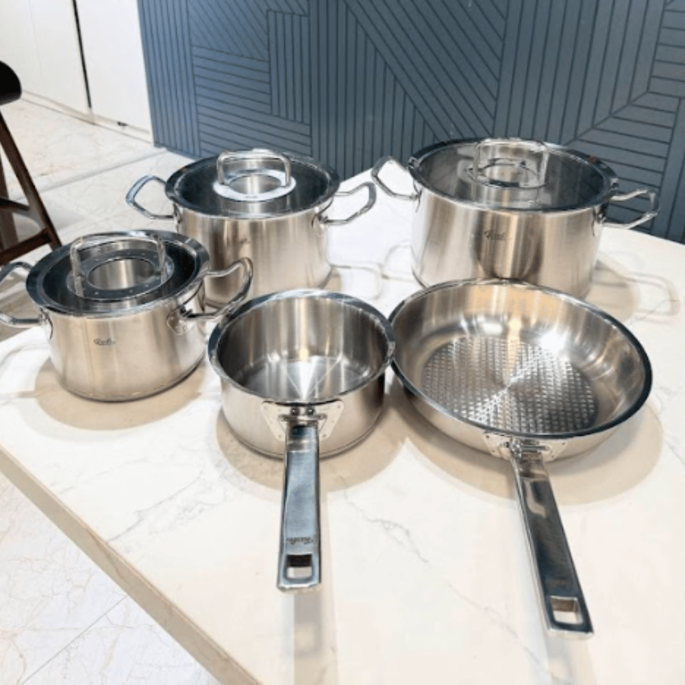 Bộ Nồi Fissler profi set 5 vung kính siêu cao cấp kèm quánh và chảo size 24 made in Germany