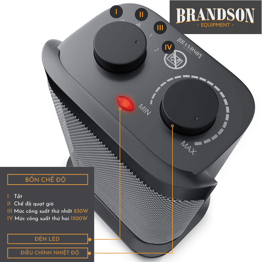 Quạt sưởi gốm Brandson 1500W màu đen bạc