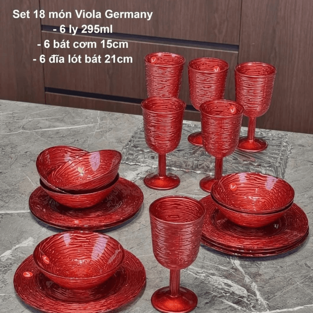 Set 18 món bát, đĩa, ly cao cấp Viola From Germany màu đỏ