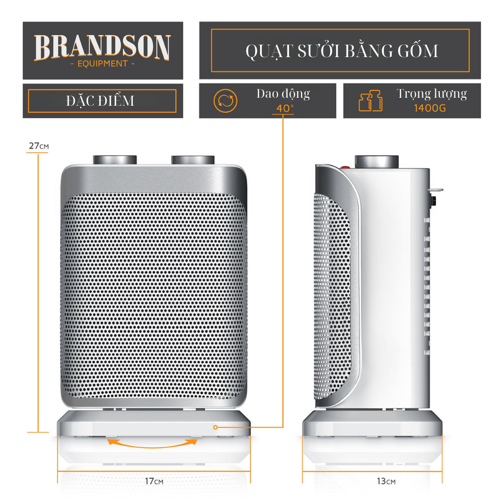 Quạt sưởi gốm Brandson 1500W màu trắng bạc