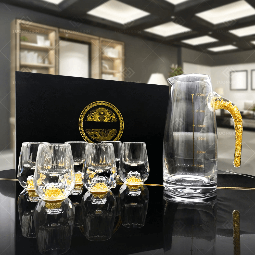 Bộ chén rượu pha lê mắt trâu vàng 24k