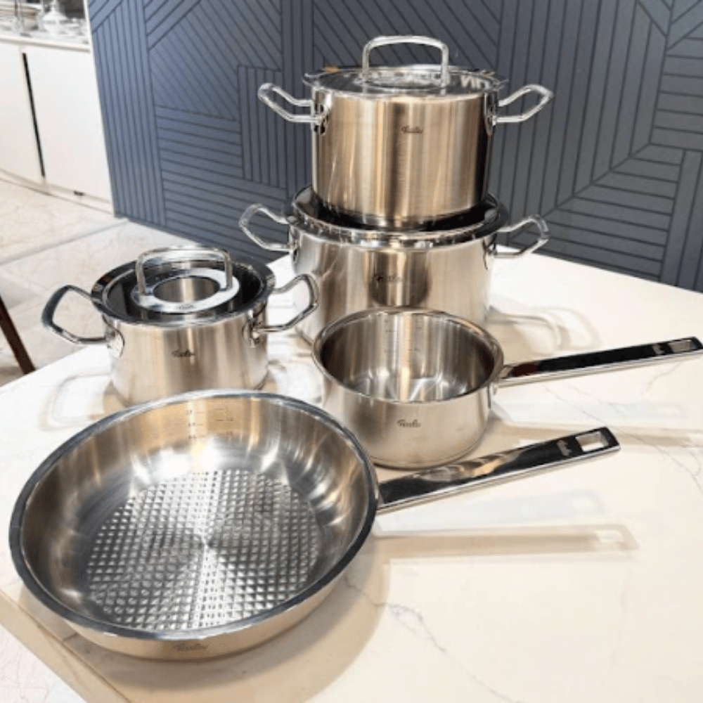 Bộ Nồi Fissler profi set 5 vung kính siêu cao cấp kèm quánh và chảo size 24 made in Germany
