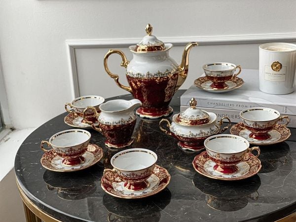 Bộ trà cà phê đỏ dây vàng 15 món