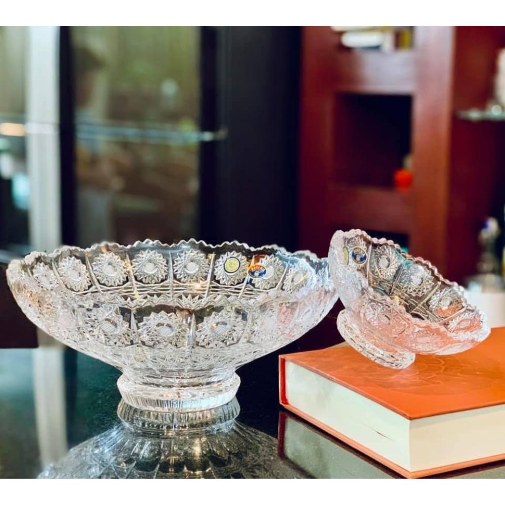 Set 7 bát pha lê mài Bohemia gồm 1 mâm bồng lớn 25cm và 6 bát nhí 13cm