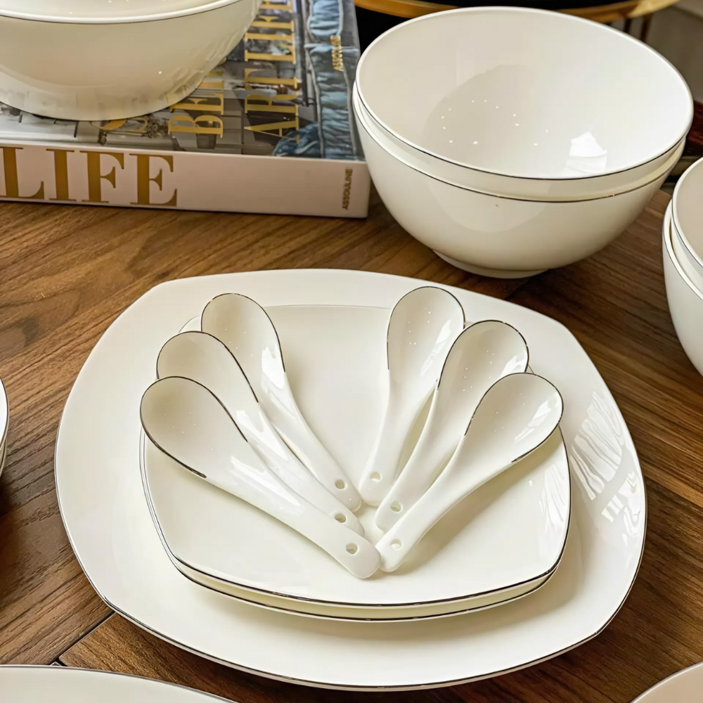 Set bát sứ Imperial 50 món trắng viền bạc gồm set thìa chi tiết mới đĩa vuông