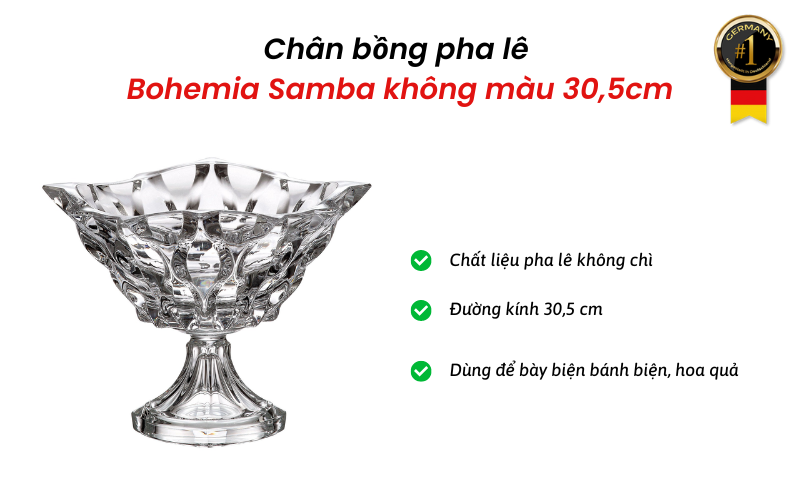 Chân bồng pha lê Bohemia Samba 30,5cm không màu