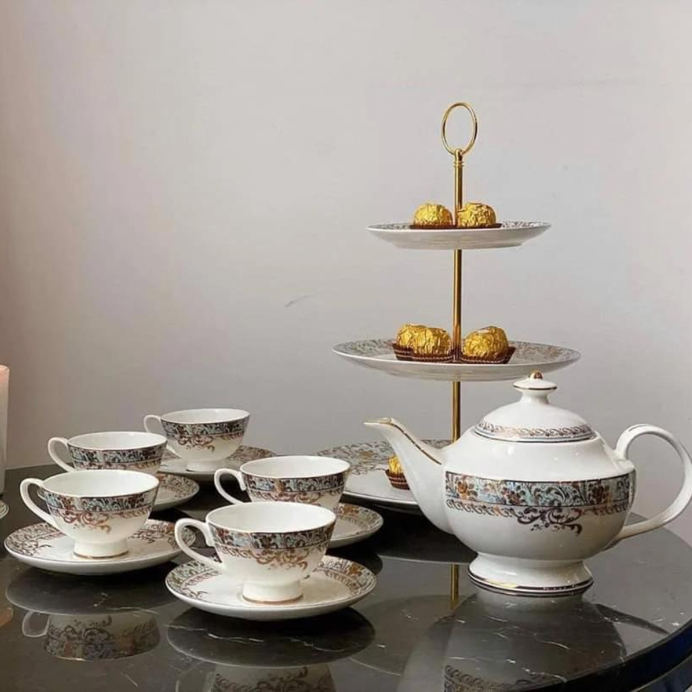 Đĩa 3 tầng bộ trà sứ xanh ngọc dây vàng Imperial London