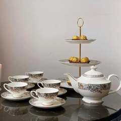 Đĩa 3 tầng bộ trà sứ xanh ngọc dây vàng Imperial London