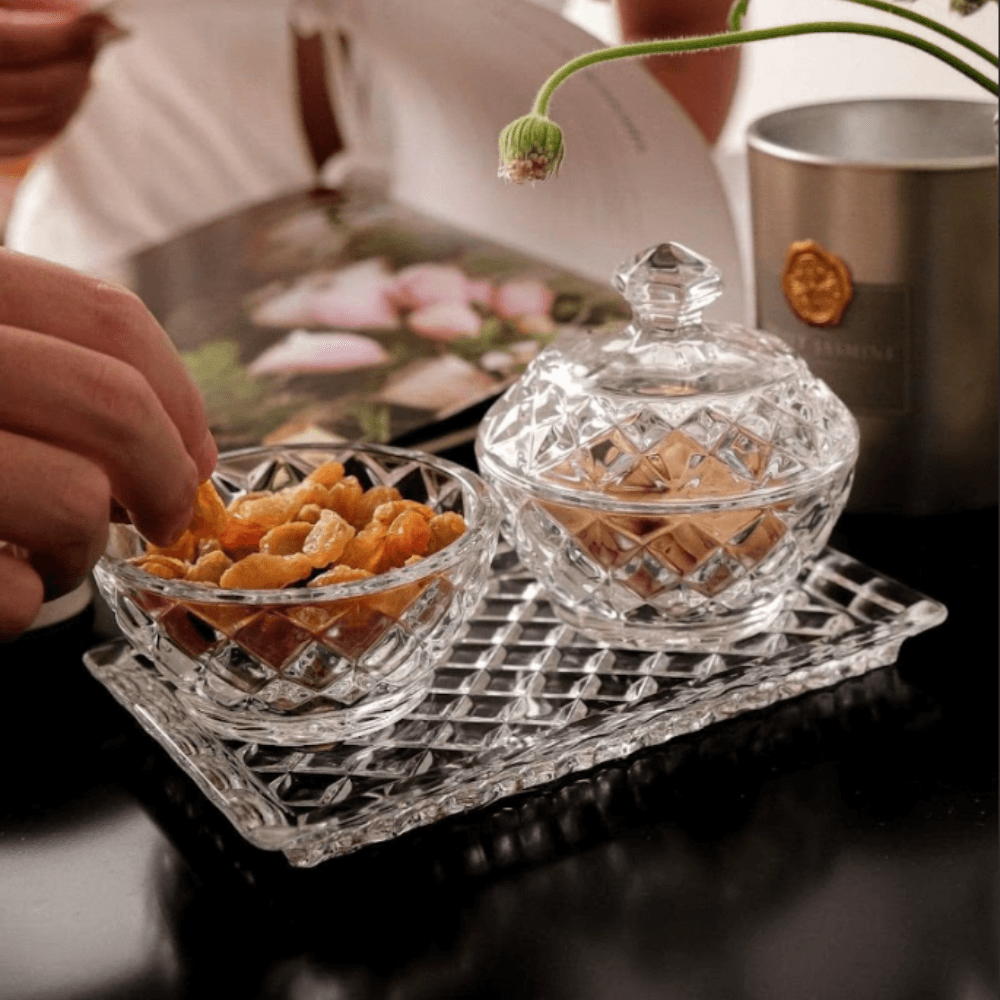 Set hũ đựng đường, bánh kẹo pha lê 3 món BOHEMIA Crystal (1 đĩa + 2 thố)