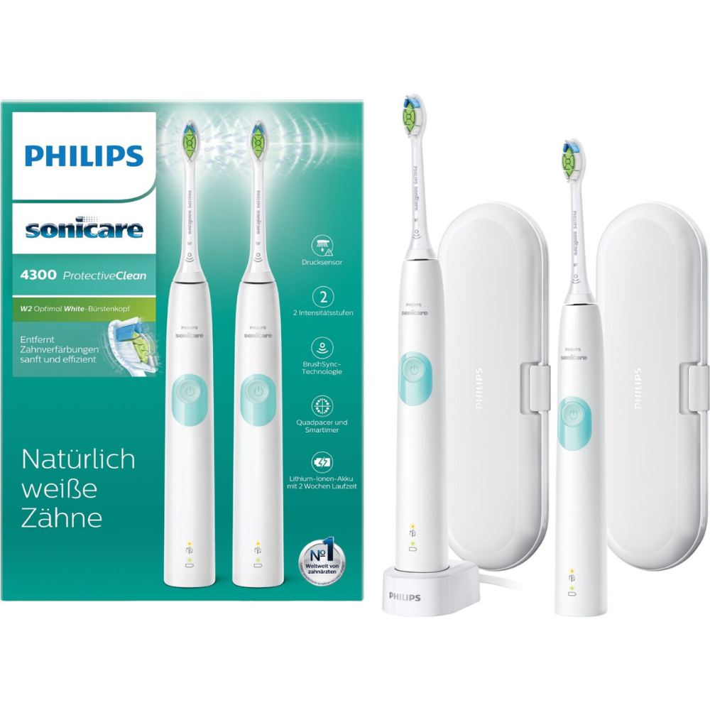 Set 2 bàn chải điện Philips Sonicare ProtectiveClean 4300 HX6807/35 màu trắng kèm hộp đựng du lịch