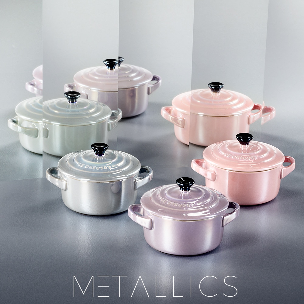 Bộ 4 nồi mini Le Creuset Metallics Chiffon Pink, Rosenquarz, Violett, Nebelgrau (hồng đậm, hồng nhạt, hồng tía, xám)