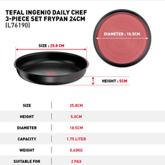 Set 2 chảo chống dính TEFAL 24 + 26cm Ingenio Daily Chef L7619022 cán rời màu đen