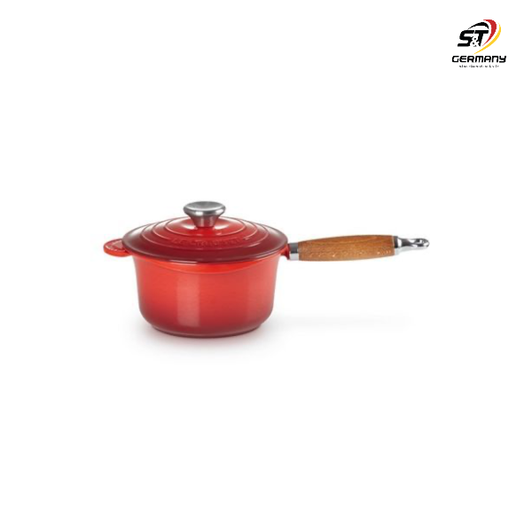 Quánh gang Le Creuset 18cm màu đỏ có nắp và tay cầm gỗ