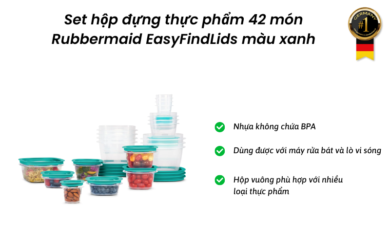 Sét hộp đựng thực phẩm 42 món Rubbermaid EasyFindLids màu Xanh Skylight - Made in USA