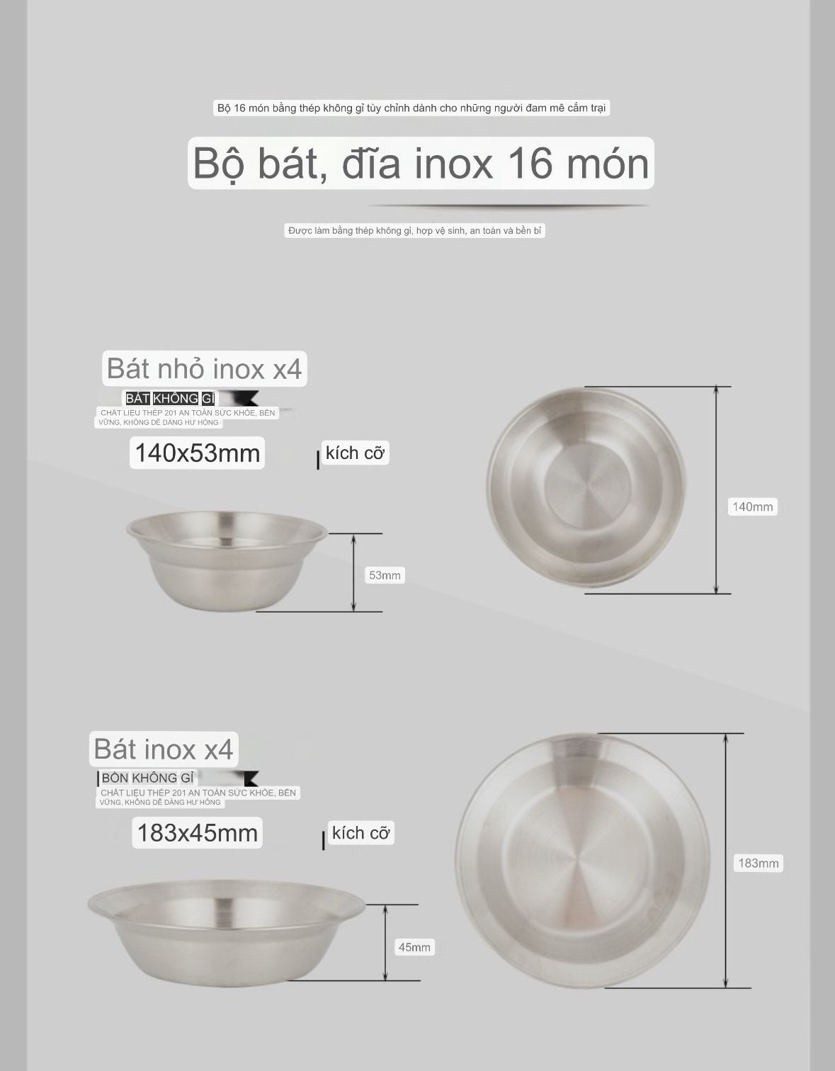 Bộ bát đĩa inox 304 dày dặn 16 món chính hãng CLS – Du mục Camping