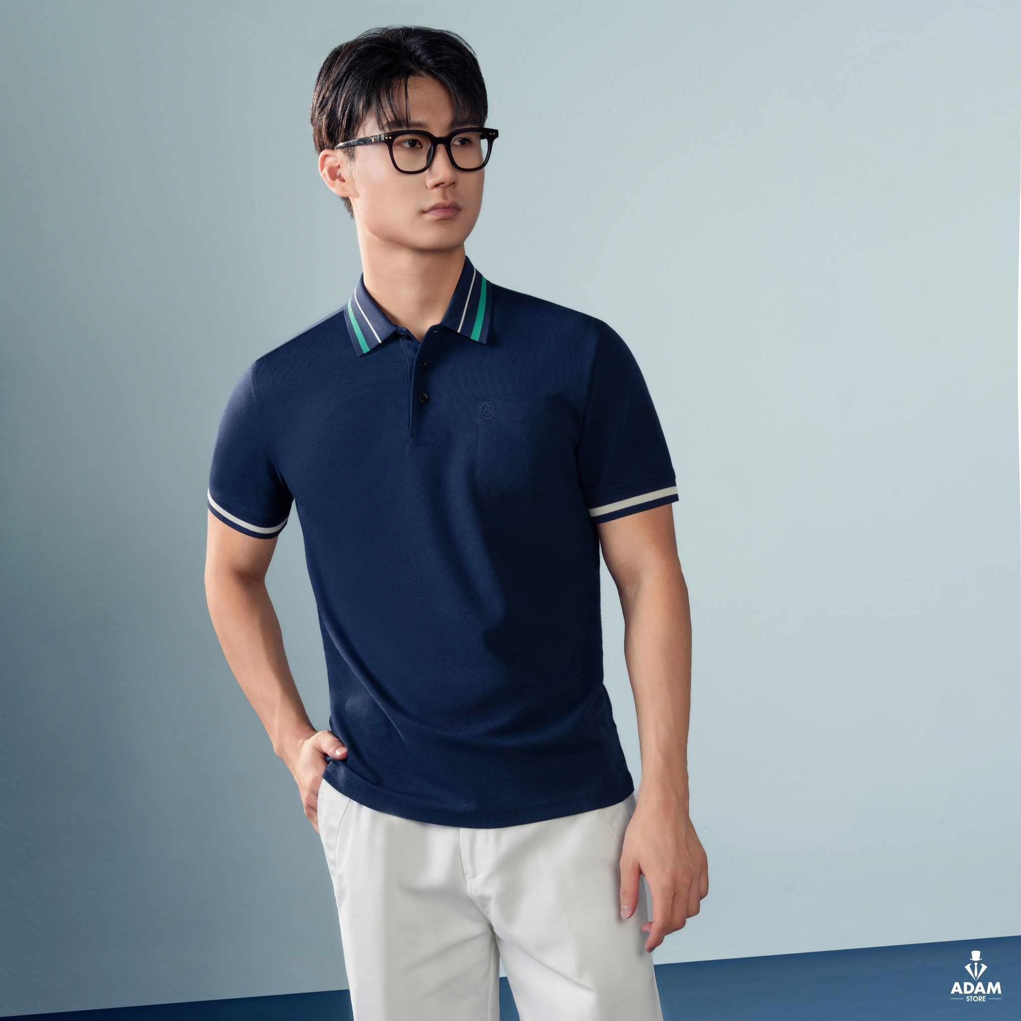  Áo polo ngắn tay xanh họa tiết cổ kẻ trắng - AP181X - 48 