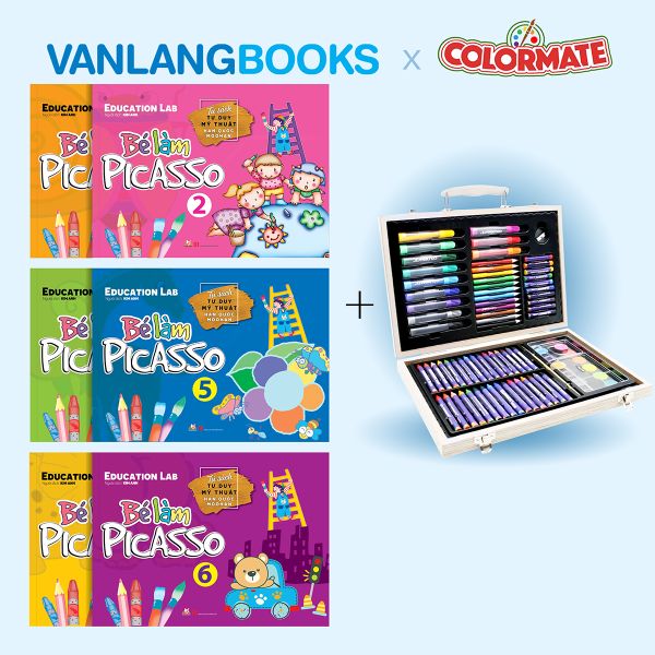 Combo 6 cuốn tô màu Bé làm picasso x Bộ màu vẽ hộp gỗ cao cấp M82 - Vanlangbooks