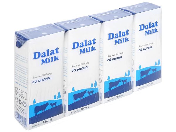  Lốc Sữa Tươi Tiệt Trùng DaLat Milk Có Đường 180ml 