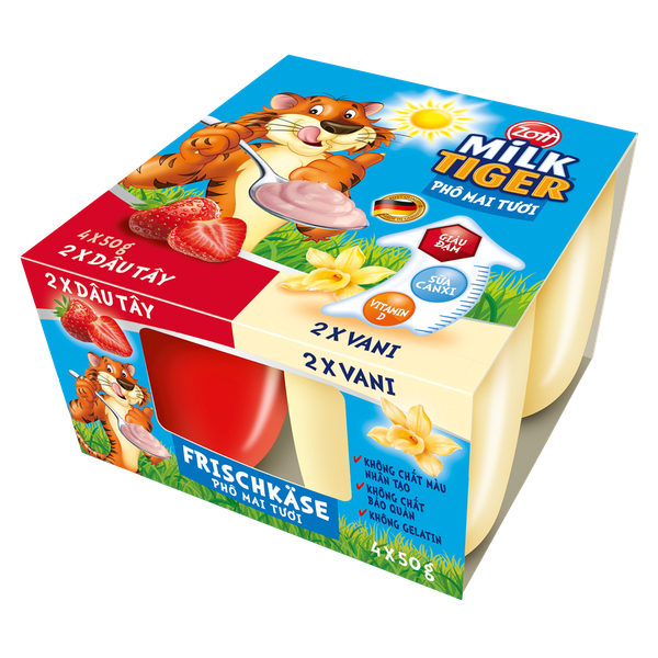  Lốc Phô mai tươi Zott Milk Tiger Dâu - Vani 50g 