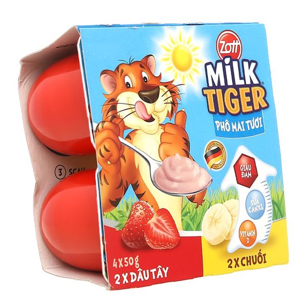  Lốc Phô mai tươi Zott Milk Tiger Dâu - Chuối 50g 