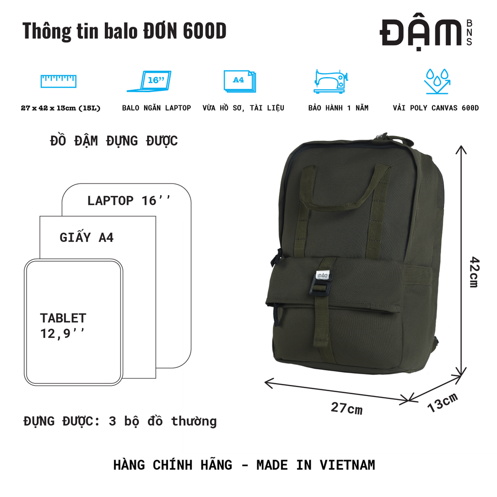 Balo Đơn 16 inch - ĐẬM