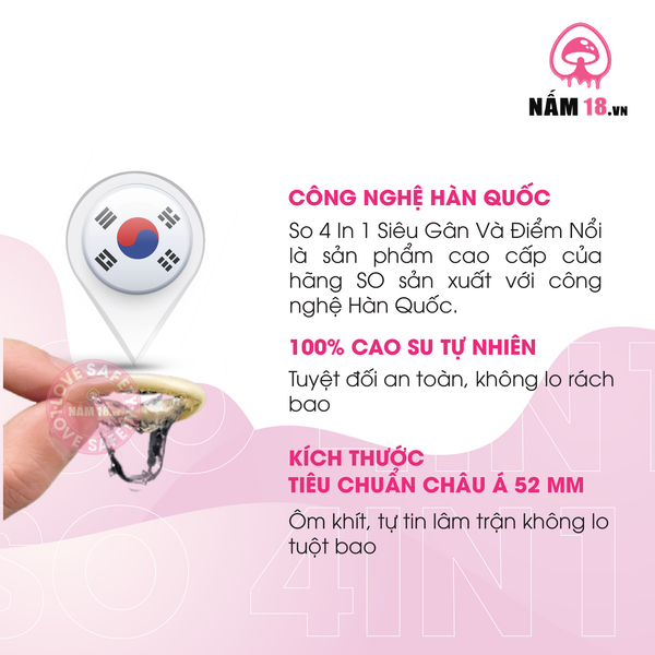 Bao Cao Su SO 4in1 Siêu Gân Và Điểm Nổi - Hộp 3 Cái