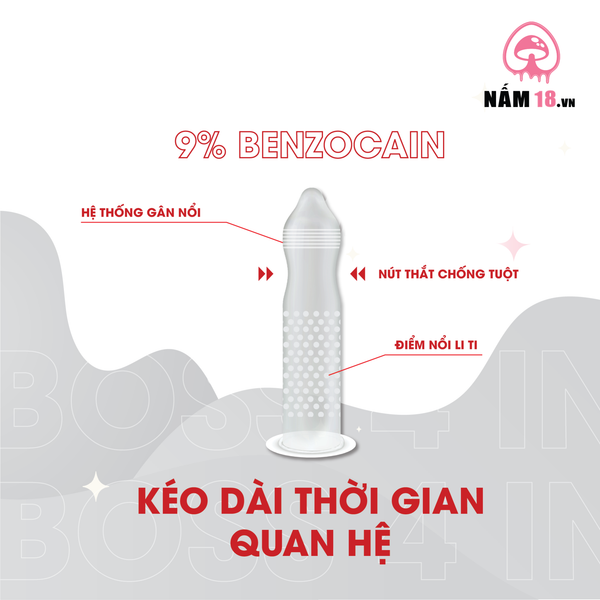  Bao Cao Su Kéo Dài Thời Gian, Điểm Nổi Boss 4in1 - Hộp 12 Cái 