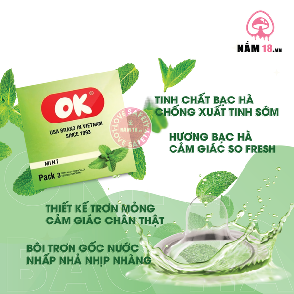 Bao Cao Su Gia Đình OK Hương Bạc Hà - Hộp 3 Cái