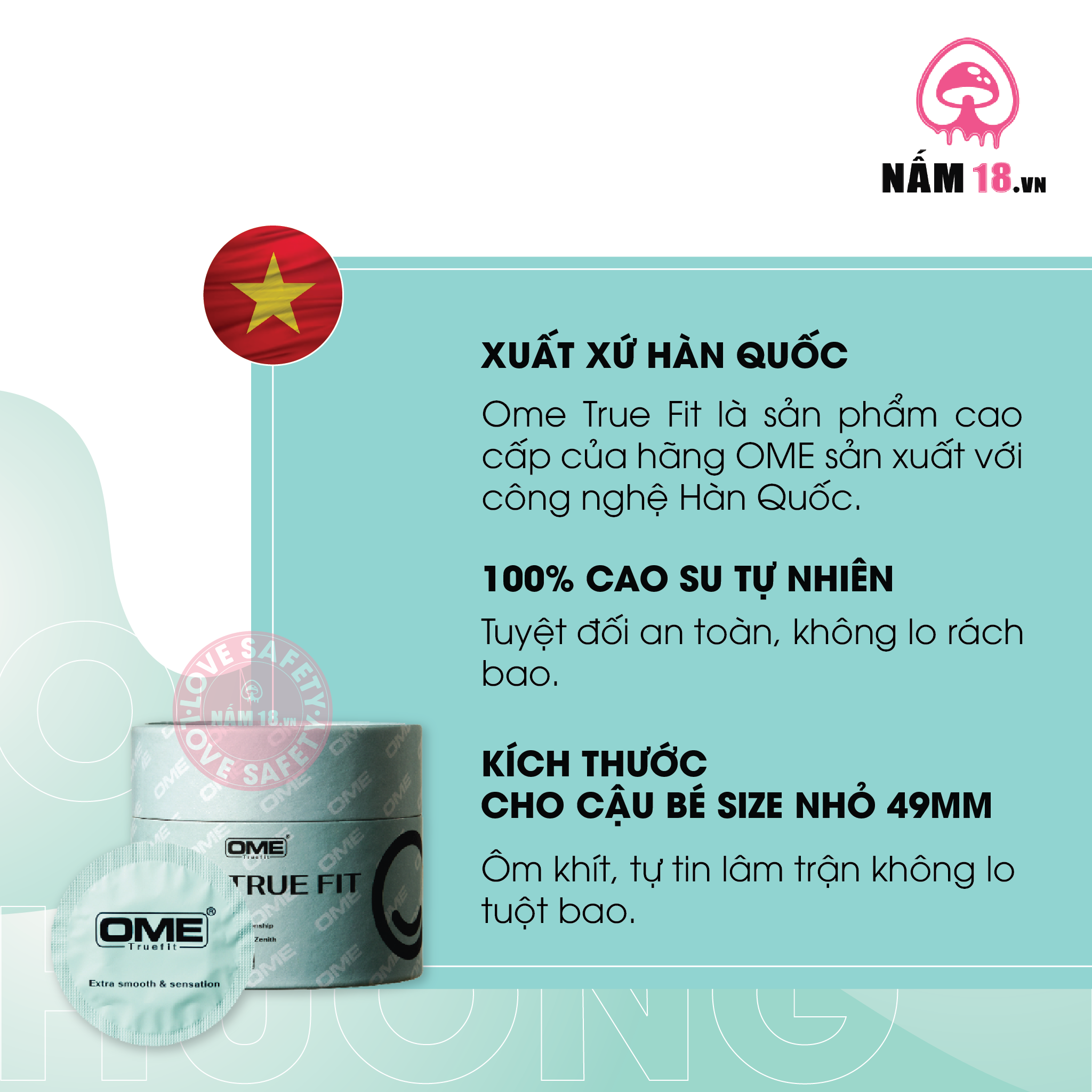  Bao Cao Su Size Nhỏ 49mm Ome True Fit Hương Bạc Hà - Hộp 10 Cái 