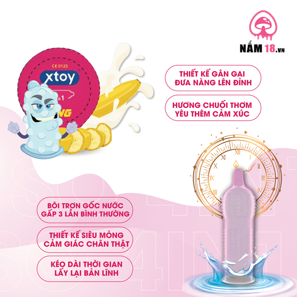  Bao Cao Su Kéo Dài Thời Gian Xtoy King 5in1 Hương Chuối - Hộp 10 Cái 