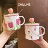 Ly sứ uống nước hoa tulip Chillme dễ thương độc đáo cốc sứ có nắp đậy uống cafe kèm thìa
