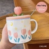  Ly sứ uống nước hoa tulip Chillme dễ thương độc đáo cốc sứ có nắp đậy uống cafe kèm thìa 